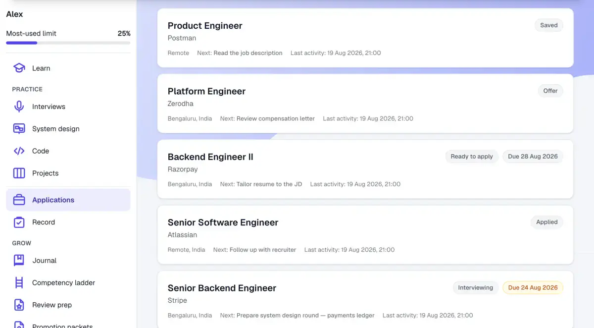 The applications tracker listing five roles with status badges reading saved, offer, ready to apply, applied and interviewing; each row shows its next action, and two carry a due-date badge.