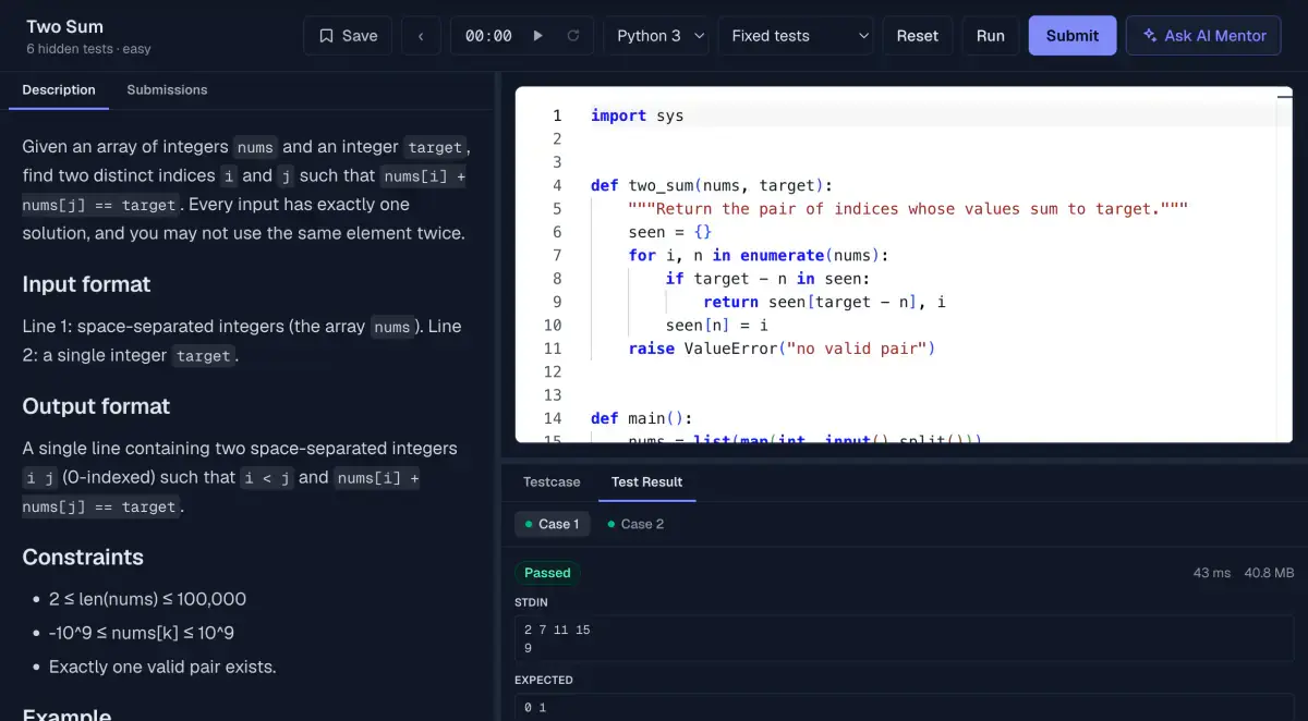 The coding workspace: a Two Sum problem statement, a Python solution in the editor, and a passed test result showing runtime and memory.