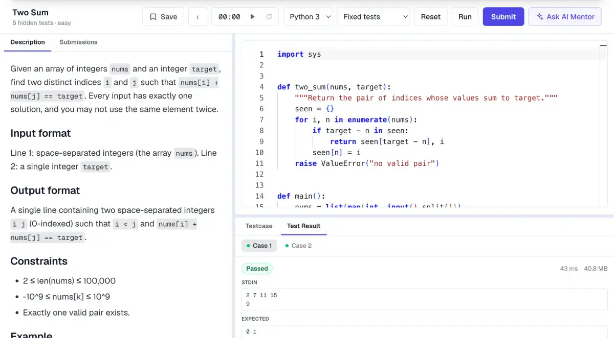 The coding workspace: a Two Sum problem statement, a Python solution in the editor, and a passed test result showing runtime and memory.