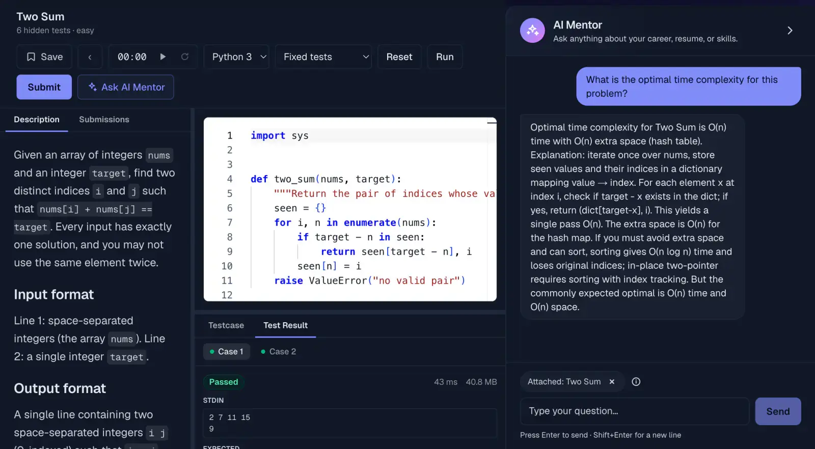 The AI mentor panel docked beside the coding workspace, answering a time-complexity question about the open problem, with a chip showing the current page is attached to the conversation.
