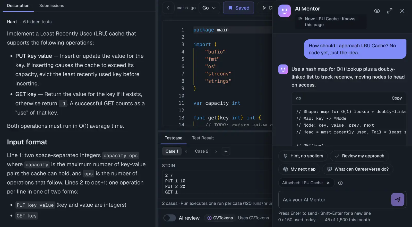 The AI Mentor docked beside an LRU cache coding problem: asked how to approach it without code, it suggests a hash map plus a doubly linked list, with chips for a hint, an approach review and the next gap, and the problem attached to the chat.