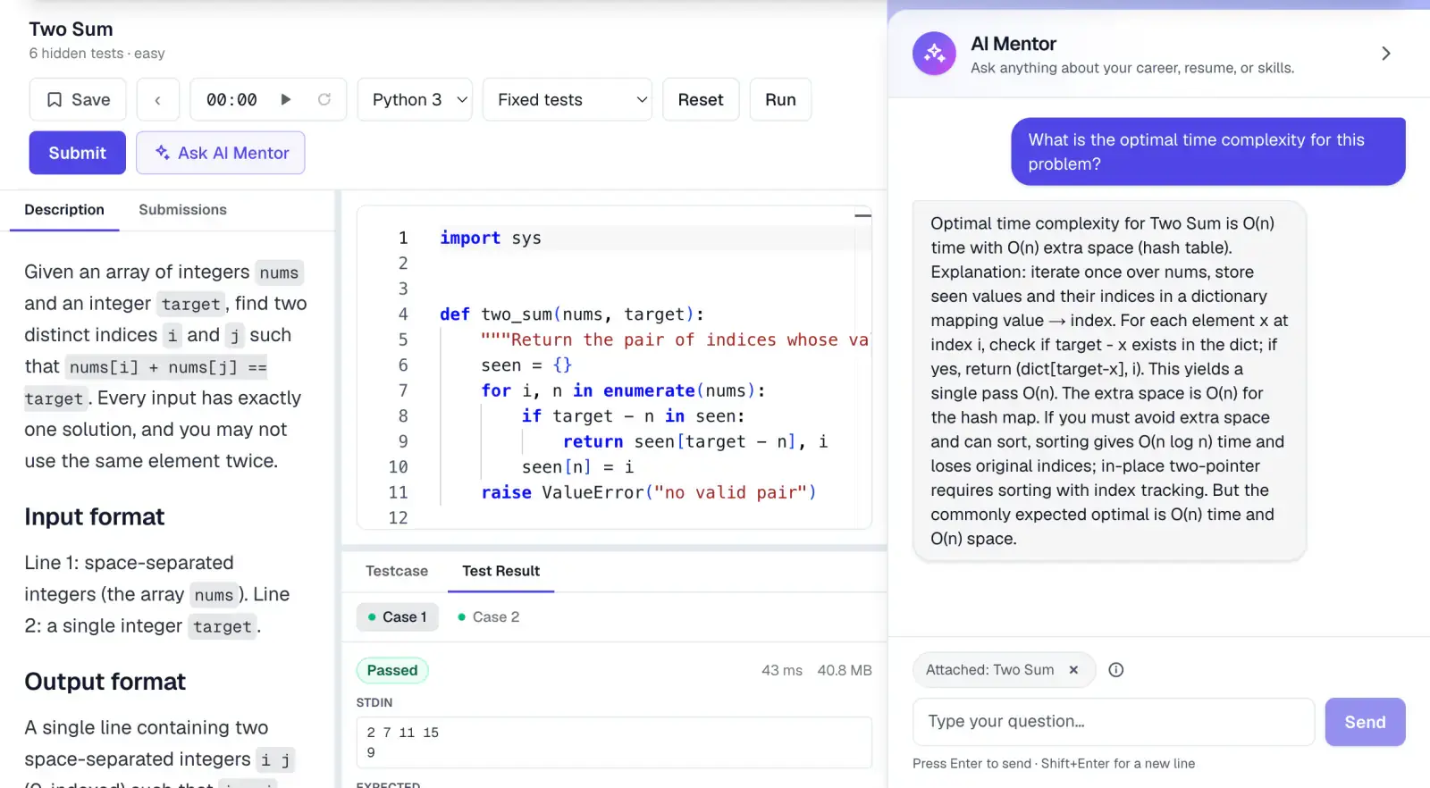 The AI mentor panel docked beside the coding workspace, answering a time-complexity question about the open problem, with a chip showing the current page is attached to the conversation.