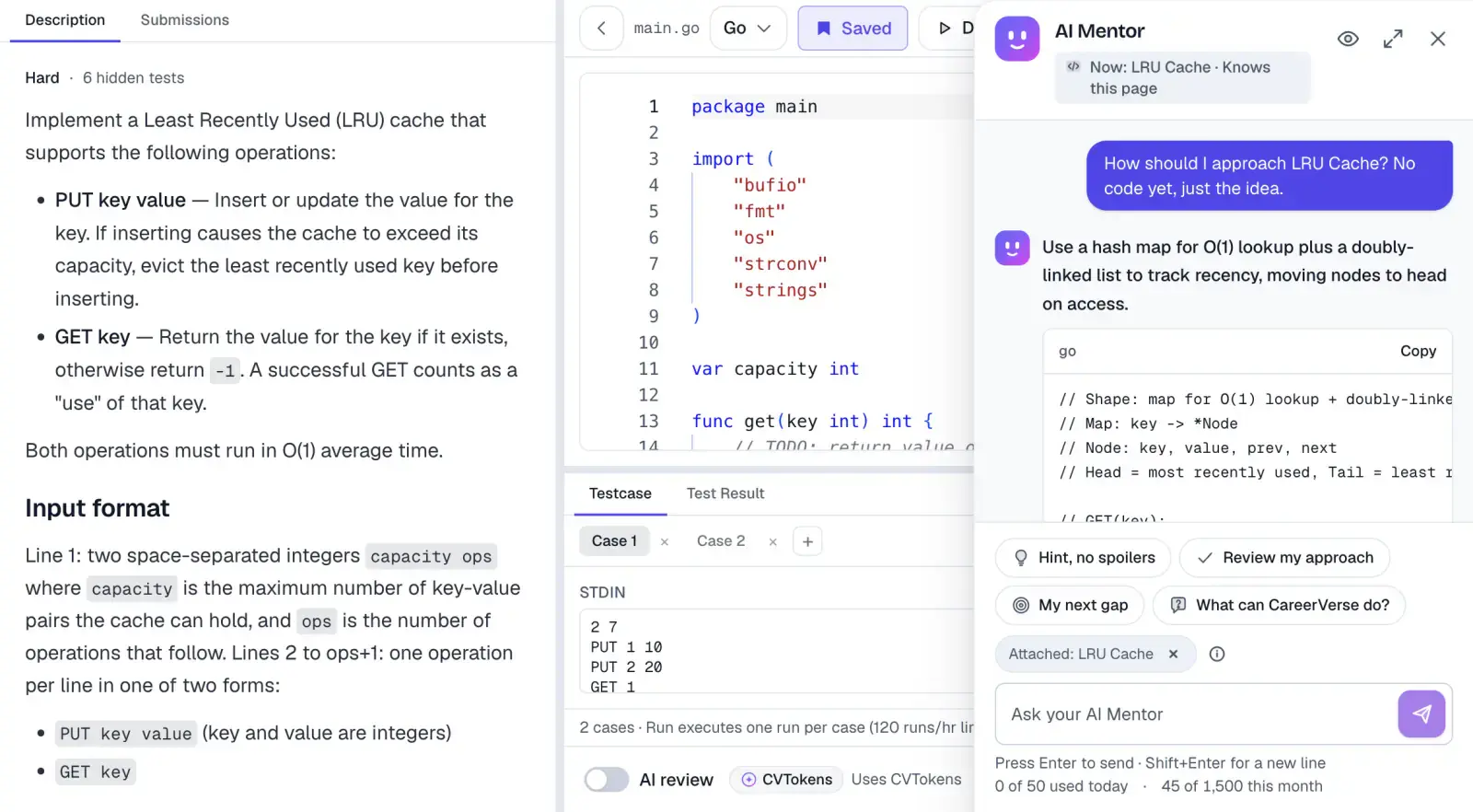 The AI Mentor docked beside an LRU cache coding problem: asked how to approach it without code, it suggests a hash map plus a doubly linked list, with chips for a hint, an approach review and the next gap, and the problem attached to the chat.
