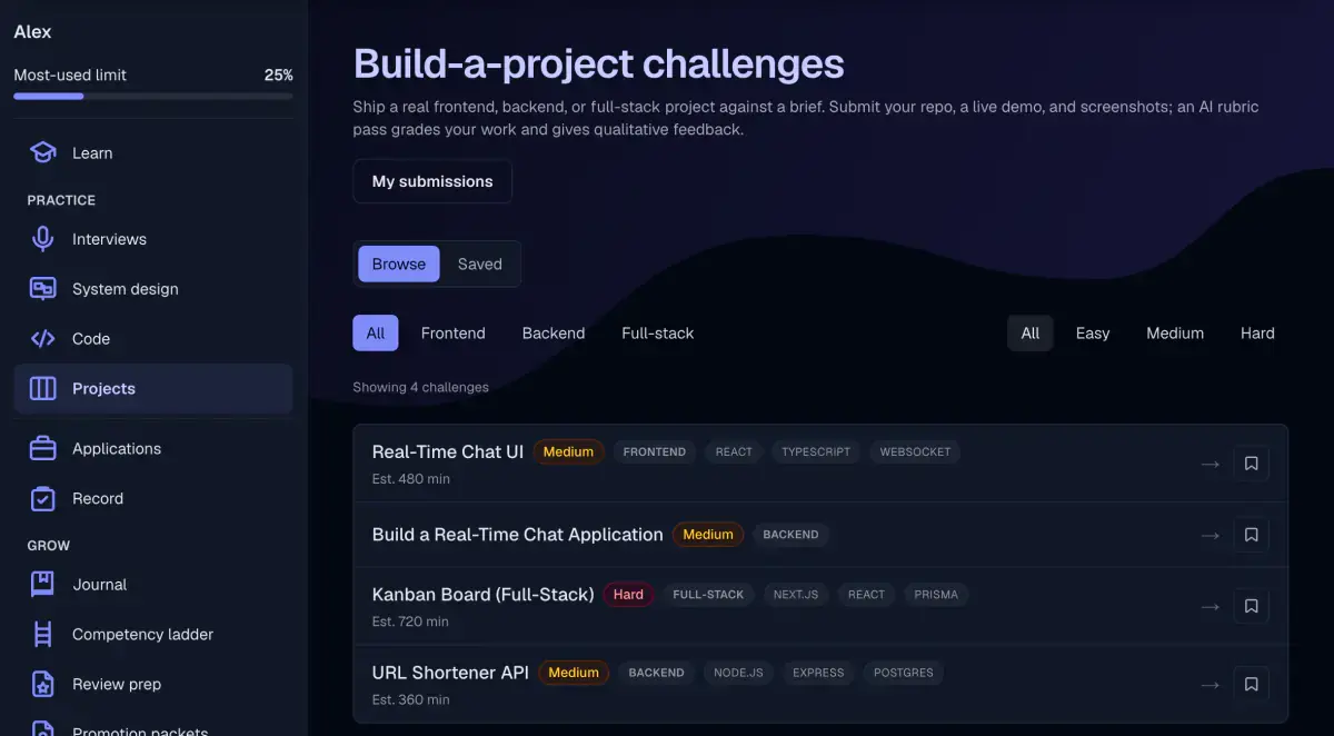 The build-a-project challenge list: filters for type and difficulty above four briefs, each carrying a difficulty badge, most also naming a technology stack and an estimated build time.