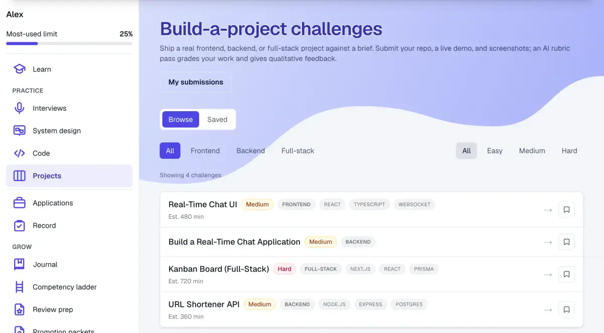 The build-a-project challenge list: filters for type and difficulty above four briefs, each carrying a difficulty badge, most also naming a technology stack and an estimated build time.
