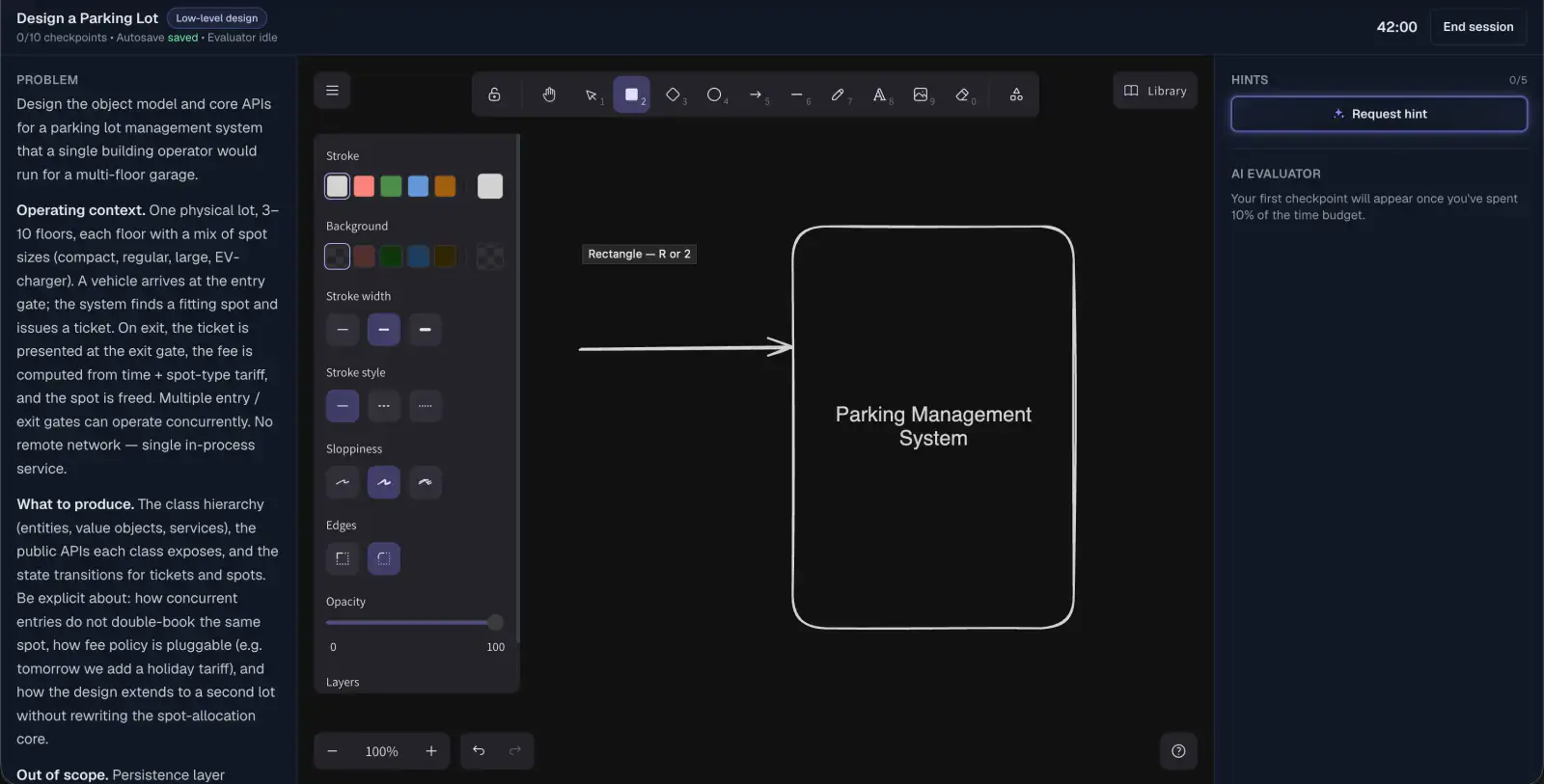 The system-design workspace for the low-level problem Design a Parking Lot: the brief on the left, an Excalidraw canvas in the middle with the shape and stroke-style tools open and a Parking Management System container drawn on it, and a hints and AI-evaluator panel on the right noting that the first checkpoint arrives once 10% of the time budget is spent.