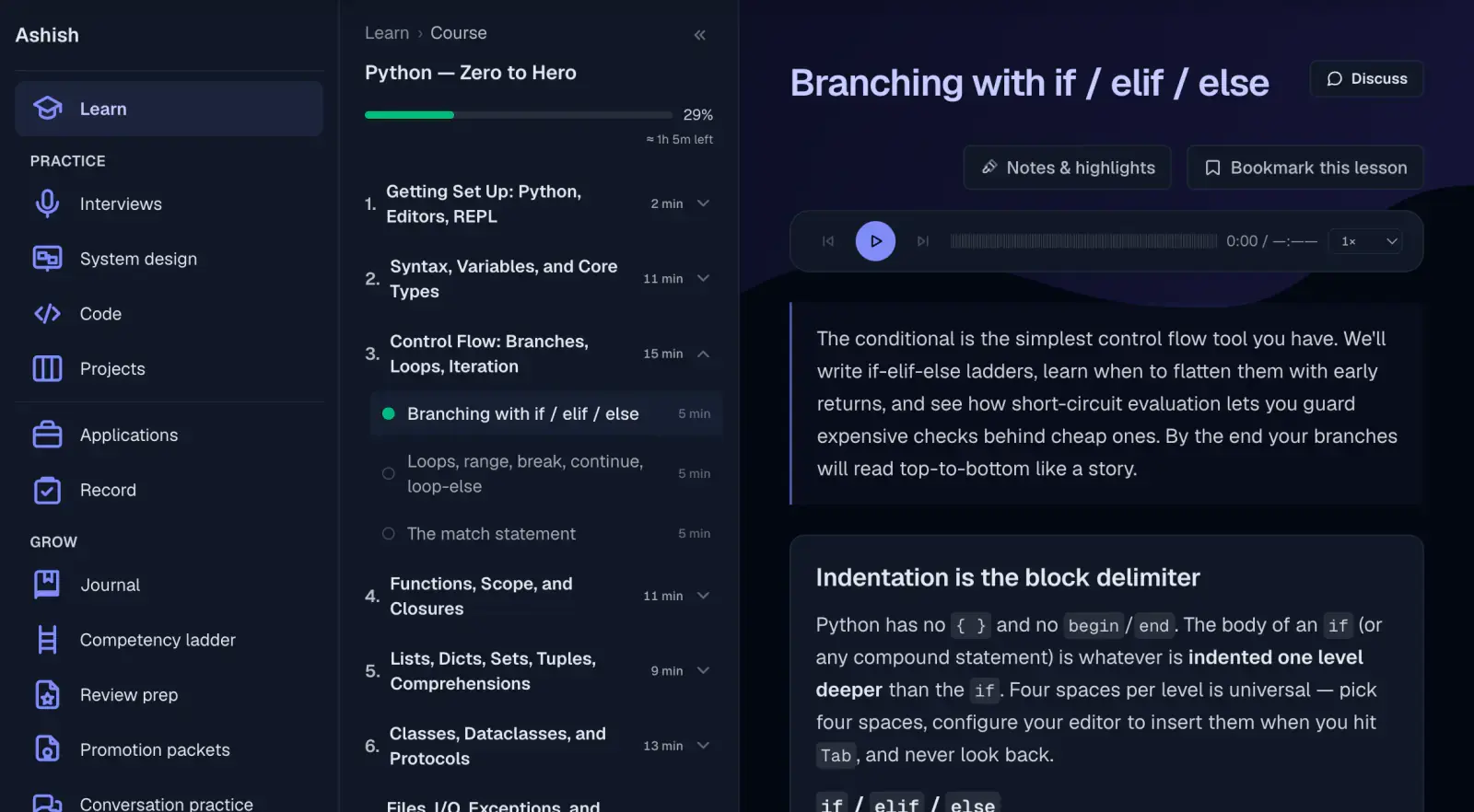 A course lesson from Python — Zero to Hero: a left-hand syllabus showing 29 percent complete with about an hour and five minutes left and its modules listed, and on the right the open lesson Branching with if, elif and else, with an audio player above body copy explaining that indentation is Python's block delimiter, plus Notes and highlights and Bookmark this lesson controls.