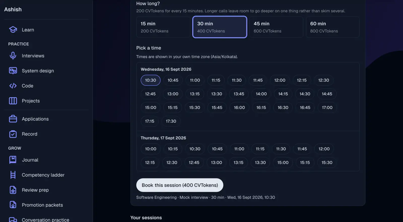 The Meet with experts booking page: a How long? row of 15, 30, 45 and 60 minute options priced at 200, 400, 600 and 800 CVTokens with 30 min selected, and a Pick a time grid noting that times are shown in the reader's own time zone, listing open fifteen-minute starts across Wednesday 16 September and Thursday 17 September, above a Book this session button reading 400 CVTokens and a summary line of Software Engineering, Mock interview, 30 min, Wed 16 Sept 2026 at 10:30.