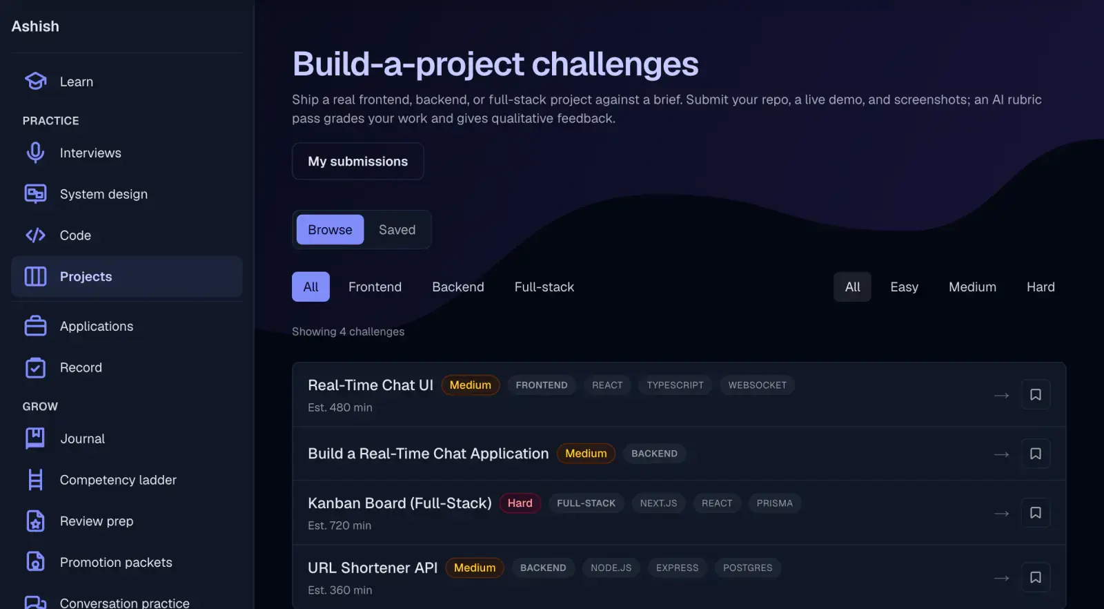 The build-a-project challenge list: filters for type and difficulty above four briefs, each carrying a difficulty badge, most also naming a technology stack and an estimated build time.
